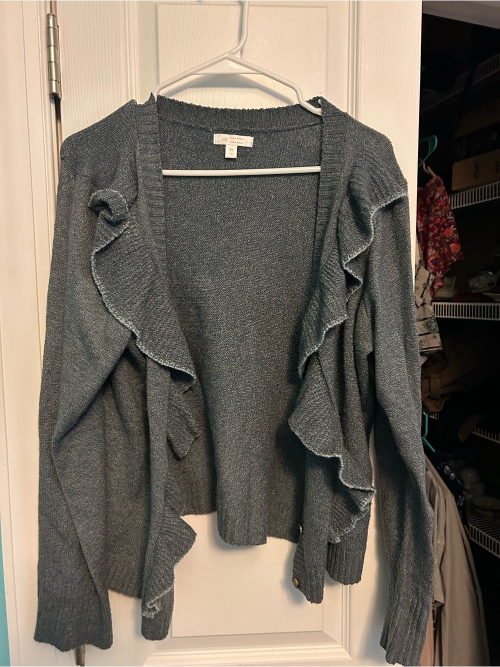 LC Lauren Conrad Gray Ruffle Open-Front Cardigan